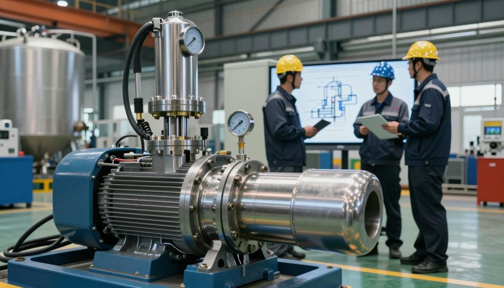 A modern industrial setting featuring a hydraulic pump in operation, showcasing its applications across various sectors. In the foreground, a robust hydraulic pump with visible hydraulic lines and gauges, gleaming with metallic surfaces reflecting light. In the middle ground, engineers in professional attire are discussing and monitoring the pump's performance on a factory floor, with diagrams of hydraulic systems on screens behind them. The background shows large industrial machinery, pipes, and storage tanks, hinting at a busy manufacturing environment. The lighting is bright and functional, emphasizing the details of the machinery. The mood is focused and industrious, illustrating the critical role of hydraulic pumps in industrial applications.