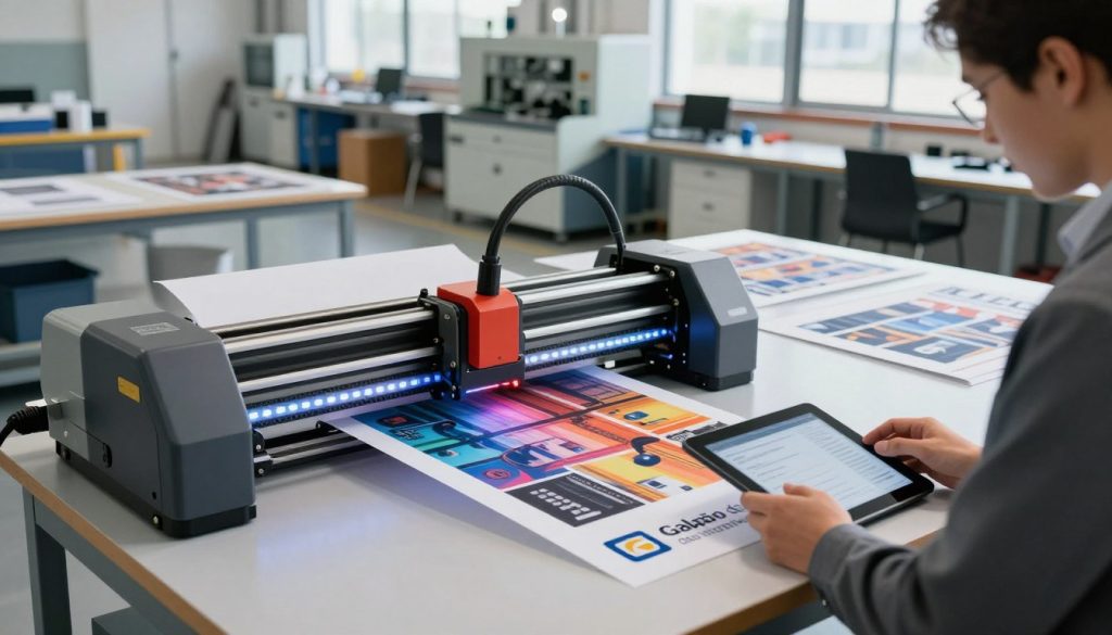 A modern industrial setting showcasing a high-quality plotter in action. In the foreground, a professional operator, dressed in business attire, is intently working on a digital tablet, monitoring the printing process. The plotter is a sleek, advanced model with visible LED lights and intricate machinery, displaying vibrant colored materials being printed. In the middle ground, various completed prints are arranged on a table, showcasing posters, architectural blueprints, and large-scale graphics. The background features a spacious workshop with organized tools and machinery, illuminated by bright, natural lighting filtering through large windows, creating a productive and innovative atmosphere. The brand logo "Galpão das máquinas" is subtly integrated into the image, ensuring it reflects a modern industrial application.
