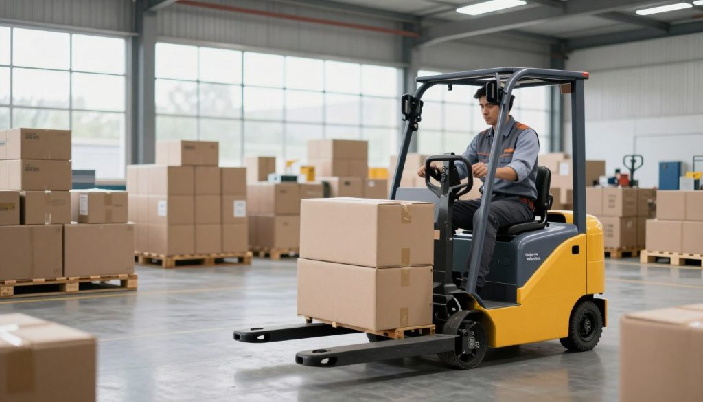 A modern industrial warehouse featuring an electric pallet jack in action, showcasing its advantages in a busy manufacturing environment. In the foreground, a professional worker in business attire operates the electric pallet jack, transporting heavy boxes with ease. The middle ground displays a well-organized storage area with neatly stacked pallets and various industrial goods. In the background, large windows allow natural light to flood the space, highlighting the clean and efficient layout of the facility. The atmosphere is dynamic and focused, conveying productivity and innovation. The brand name "Galpão das máquinas" is subtly integrated into the design of the electric pallet jack, enhancing its prominence without distracting from the overall scene. The image should be bright and inviting, capturing the essence of modern industrial work. A modern industrial warehouse featuring an electric pallet jack in action, showcasing its advantages in a busy manufacturing environment. In the foreground, a professional worker in business attire operates the electric pallet jack, transporting heavy boxes with ease. The middle ground displays a well-organized storage area with neatly stacked pallets and various industrial goods. In the background, large windows allow natural light to flood the space, highlighting the clean and efficient layout of the facility. The atmosphere is dynamic and focused, conveying productivity and innovation. The brand name "Galpão das máquinas" is subtly integrated into the design of the electric pallet jack, enhancing its prominence without distracting from the overall scene. The image should be bright and inviting, capturing the essence of modern industrial work.