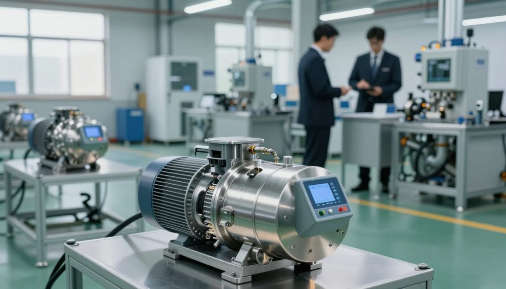 A modern industrial workspace showcasing vacuum pumps in various configurations. In the foreground, a sleek, stainless steel vacuum pump with digital controls is highlighted, reflecting ambient light. In the middle ground, technicians in professional business attire carefully examine equipment, engaged in hands-on demonstrations. The background features a spacious factory floor, adorned with multiple vacuum systems integrated into machinery, with pipes and cables visible. Soft, natural lighting illuminates the scene from large windows, creating a clean and efficient atmosphere. The overall mood is focused and industrious, conveying the complexities of industrial vacuum systems and their operational context.