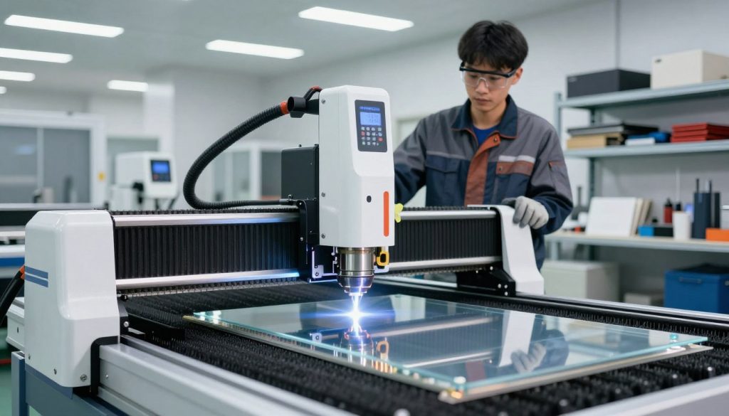 A modern laser cutting machine in a bright industrial workshop environment. In the foreground, the laser cutter's sleek design is highlighted, showcasing its powerful cutting head, intricate controls, and a clear view of materials such as metal and acrylic being processed. The middle ground features a skilled technician wearing professional work attire, focused on supervising the cutting process, with safety goggles and gloves. The background shows shelves stocked with various materials and tools, well-lit by overhead LED lighting, creating a clean and efficient atmosphere. The cutting beam emits a sharp, focused glow, emphasizing precision and technology. Capture the dynamic atmosphere of a cutting-edge manufacturing facility, illustrating efficiency and innovation in laser cutting technology.