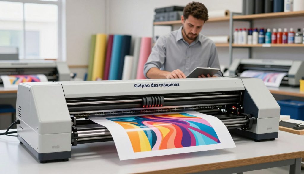 A modern latex printing plotter from "Galpão das máquinas" prominently displayed in a well-lit workshop. Foreground features the sleek, high-tech plotter with vibrant latex prints undergoing the printing process. In the middle ground, a professional technician in business attire operates the machine, closely examining the print quality. The background shows shelves filled with colorful rolls of latex materials and various printing supplies, creating an organized yet dynamic atmosphere. Soft, natural light filters in through large windows, illuminating the workspace and enhancing the vivid colors of the prints. The overall mood conveys innovation and creativity, highlighting the advanced technology of latex printing in a professional setting.