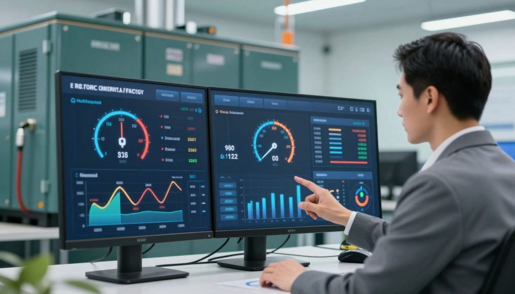 A modern monitoring dashboard displaying real-time fuel consumption data from energy generators, prominently featuring digital gauges and graphs. In the foreground, a professional technician in business attire interacts with the touchscreen interface, analyzing fuel efficiency metrics. The middle ground includes various fuel-related indicators, with dynamic charts and energy usage statistics. In the background, an array of sleek energy generators is visible, each labeled with technical specifications. The scene is lit by bright, soft lighting that creates an informative and engaging atmosphere, emphasizing the importance of fuel optimization strategies. The image should evoke a sense of innovation and responsibility in energy management, focusing on sustainability and efficiency.