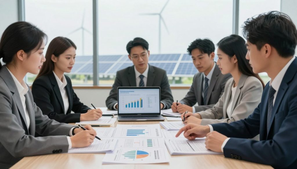 A modern office environment featuring a large conference table with various energy regulation documents and blueprints spread across it. In the foreground, a diverse group of professionals, dressed in smart business attire, collaborates over the documents, pointing at important sections. The middle of the image shows an open laptop displaying data graphs related to energy generation compliance. The background hints at a large window with a view of wind turbines and solar panels outside, representing sustainable energy sources. Soft, natural lighting floods the room, creating a professional yet inviting atmosphere. The focus is sharp on the group, while the background remains slightly blurred to emphasize the action and collaboration regarding energy legislation.