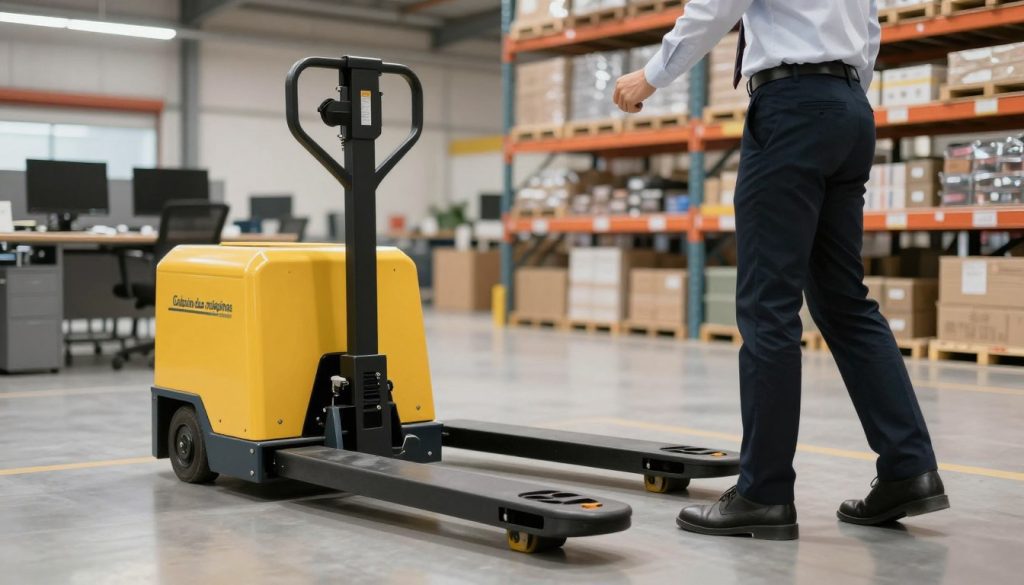 A modern office environment showcasing the ergonomic use of an electric pallet truck. In the foreground, a professional individual dressed in business attire demonstrates proper lifting techniques while using the pallet truck, emphasizing posture and ergonomic principles. In the middle ground, the electric pallet truck is featured prominently, with clear labels showing its ergonomic design elements, such as adjustable handlebars and comfortable grips. The background features a well-organized warehouse with ample lighting, showcasing shelves stocked with goods, creating a productive atmosphere. The scene conveys a sense of safety and efficiency, highlighting the importance of ergonomics in workplace operations. The brand "Galpão das máquinas" is subtly integrated into the warehouse setting, ensuring a cohesive visual representation.