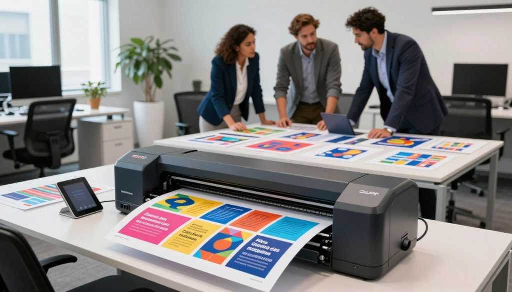 A modern office setting featuring a high-quality color plotter prominently displayed in the foreground, with a vivid array of printed materials showcasing various graphic designs such as banners, posters, and signage. In the middle ground, a diverse group of three professionals dressed in smart business attire collaborate around a large table filled with design sketches and digital tablets, indicating an engaging creative process. The background reveals a sleek, innovative workspace with large windows allowing natural light to flood the room, highlighting the vibrant colors of the prints. A subtle ambiance of productivity and creativity fills the air, creating a dynamic atmosphere. The brand name "Galpão das máquinas" is subtly integrated into the plotter design, emphasizing its role in enhancing visual communication. A modern office setting featuring a high-quality color plotter prominently displayed in the foreground, with a vivid array of printed materials showcasing various graphic designs such as banners, posters, and signage. In the middle ground, a diverse group of three professionals dressed in smart business attire collaborate around a large table filled with design sketches and digital tablets, indicating an engaging creative process. The background reveals a sleek, innovative workspace with large windows allowing natural light to flood the room, highlighting the vibrant colors of the prints. A subtle ambiance of productivity and creativity fills the air, creating a dynamic atmosphere. The brand name "Galpão das máquinas" is subtly integrated into the plotter design, emphasizing its role in enhancing visual communication.