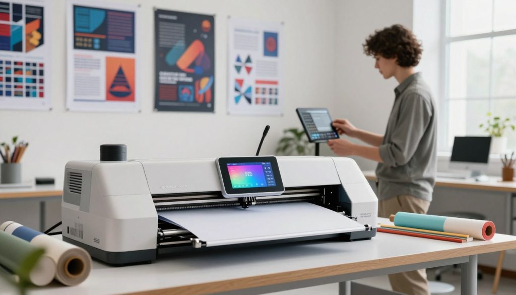 A modern plotter for printing, prominently displayed in a well-lit design studio. In the foreground, the sleek, high-tech device features a vibrant display panel, surrounded by neatly arranged rolls of colorful printing materials. The middle ground includes a designer in professional attire, focused on adjusting settings, highlighting the practical use of this machine. The background features large-format prints hanging on the walls, showcasing various graphic designs, blueprints, and banners to illustrate different applications. Soft, natural lighting enhances the atmosphere, creating an inviting and productive environment. The branding "Galpão das máquinas" is subtly integrated into the scene, enhancing the professional look without being overpowering. A modern plotter for printing, prominently displayed in a well-lit design studio. In the foreground, the sleek, high-tech device features a vibrant display panel, surrounded by neatly arranged rolls of colorful printing materials. The middle ground includes a designer in professional attire, focused on adjusting settings, highlighting the practical use of this machine. The background features large-format prints hanging on the walls, showcasing various graphic designs, blueprints, and banners to illustrate different applications. Soft, natural lighting enhances the atmosphere, creating an inviting and productive environment. The branding "Galpão das máquinas" is subtly integrated into the scene, enhancing the professional look without being overpowering.