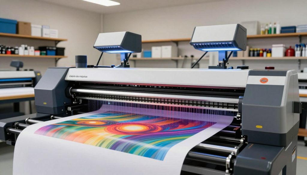 A modern printing plotter drying technology setup in a well-lit workshop, showcasing a large-format printer by "Galpão das máquinas." In the foreground, the printer is actively printing vibrant colors on a large sheet, with visible droplets of ink transitioning into a dry finish. The middle layer features innovative drying systems such as UV lamps and hot air blowers positioned above the printer, creating a dynamic atmosphere of operation. The background includes shelves stocked with various printing materials and tools, with soft overhead lighting casting gentle shadows. The mood is professional and industrious, conveying the efficiency and sophistication of modern drying technologies in printing. Use a wide-angle lens to capture the entire scene, emphasizing the sleek design of the machinery and the intricate details of the drying process.