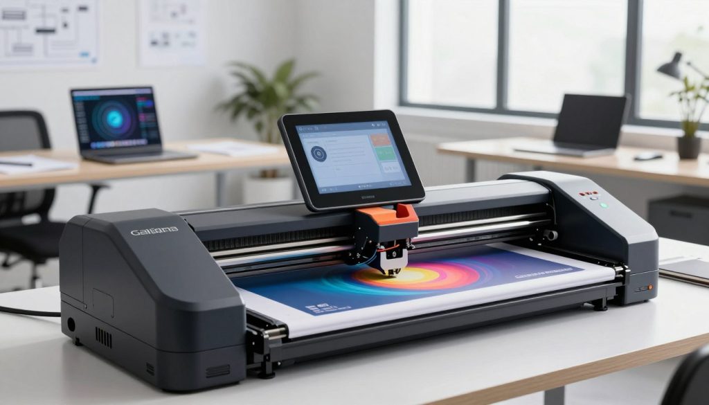 A modern state-of-the-art plotter from "Galpão das máquinas" in a sleek, high-tech office environment. In the foreground, focus on the plotter with intricate details showcasing its advanced features such as a large touch screen, precision cutting blades, and vibrant color printing capabilities. The middle ground includes a designer’s workspace with blueprints and design software open on a laptop, emphasizing creative utilization of the plotter. The background features a bright, airy office space with large windows allowing natural light to flood in, enhancing the equipment’s sleek silhouette. Capture the mood of innovation and professionalism, with soft shadows and highlights to accentuate the plotter’s high-quality finish. The angle should be slightly elevated to convey depth and emphasize the plotter's significance. A modern state-of-the-art plotter from "Galpão das máquinas" in a sleek, high-tech office environment. In the foreground, focus on the plotter with intricate details showcasing its advanced features such as a large touch screen, precision cutting blades, and vibrant color printing capabilities. The middle ground includes a designer’s workspace with blueprints and design software open on a laptop, emphasizing creative utilization of the plotter. The background features a bright, airy office space with large windows allowing natural light to flood in, enhancing the equipment’s sleek silhouette. Capture the mood of innovation and professionalism, with soft shadows and highlights to accentuate the plotter’s high-quality finish. The angle should be slightly elevated to convey depth and emphasize the plotter's significance.