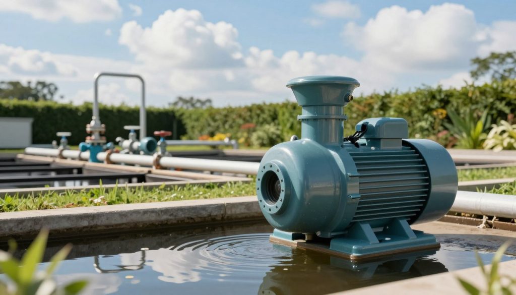 A modern submersible sewage pump positioned prominently in the foreground, showcasing intricate details such as the motor and fluid inlet, with clear reflections on the water surface. The middle ground features a well-maintained sewage treatment facility, with pipes and valves neatly arranged, surrounded by lush greenery symbolizing environmental care. In the background, a blue sky with soft, fluffy clouds creates a serene atmosphere, enhancing the scene's tranquility. The lighting is bright and natural, casting soft shadows that highlight the pump's features. The angle is slightly tilted for a dynamic perspective, emphasizing the functionality and importance of submersible pumps in sanitation systems. The overall mood is optimistic and professional, reflecting the benefits of these technologies in modern waste management.