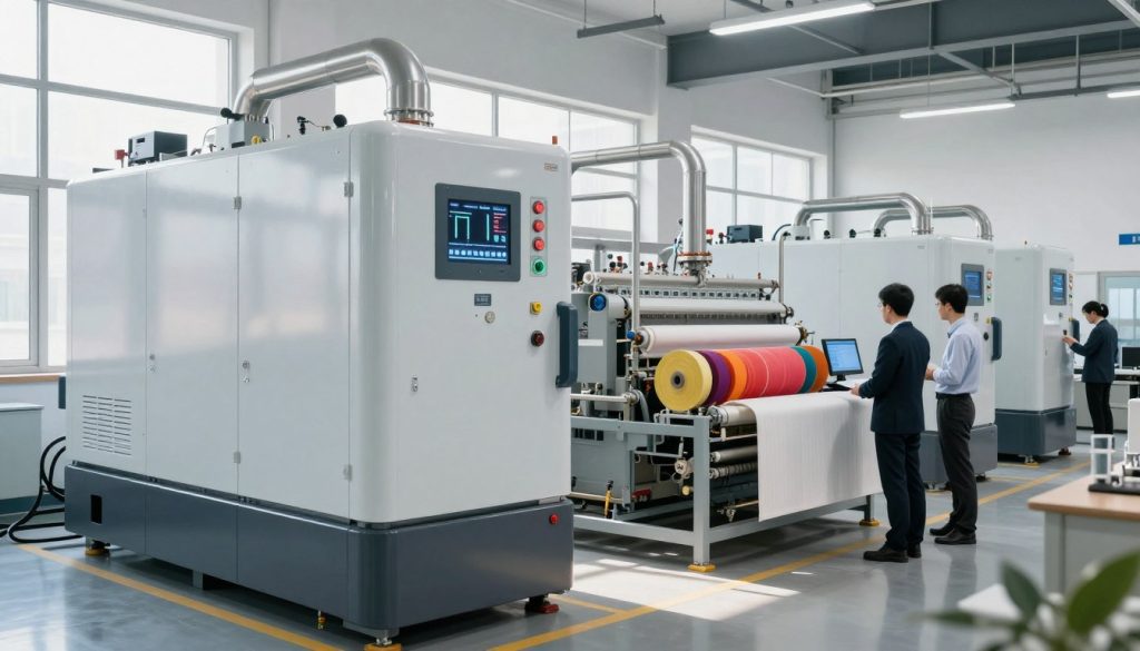 A modern textile boiler room showcasing energy-efficient textile boilers prominently in the foreground, surrounded by various textile machinery. The boilers are sleek and high-tech, exhibiting indicators and digital displays that show energy metrics. Workers, dressed in professional business attire, are engaged in monitoring the equipment, emphasizing collaboration and expertise. In the middle, intricate piping and vibrant textile material rolls are arranged, illustrating the connection between boiler efficiency and textile production. The background features large windows allowing natural light to flood the area, enhancing the sense of a clean and efficient workspace. Soft shadows create a professional atmosphere, and the overall composition conveys innovation, reliability, and progress in the textile industry.