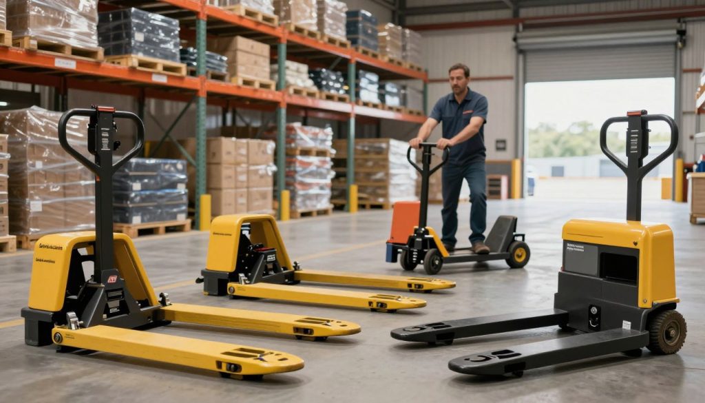 A modern warehouse scene showcasing viable alternatives to electric pallet trucks. In the foreground, a varied selection of manual and semi-automatic pallet jacks in vibrant colors, with a focus on their innovative designs. The middle ground features a professional warehouse operator in smart casual clothing skillfully maneuvering a hand truck, highlighting ergonomic features. In the background, shelves filled with various heavy goods and a visible loading dock create a busy yet organized atmosphere. Soft artificial lighting enhances the colors and details of the equipment, while emphasizing a sense of efficiency and productivity. The brand name “Galpão das máquinas” is subtly incorporated into the equipment design. Overall, the mood reflects a practical, solution-oriented approach to material handling.
