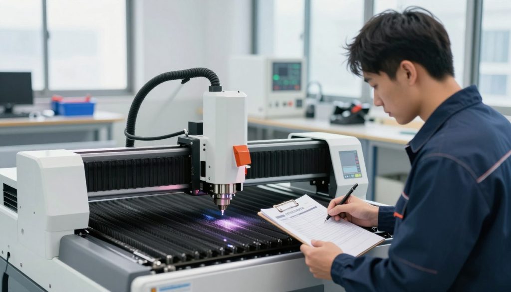 A modern workshop scene focused on preventive maintenance of laser cutting machines. In the foreground, a technician, dressed in a professional work attire, carefully inspects the precision components of a laser cutting machine, holding a maintenance checklist. The middle ground features a sleek, high-tech laser cutter with clearly visible parts and controls, reflecting detailed engineering and craftsmanship. The background showcases an organized workspace with tools and equipment neatly arranged, illuminated by bright, natural light streaming through large windows, creating a clean and efficient atmosphere. The overall mood is professional and focused, highlighting the importance of diligence in machinery upkeep, with a slight depth of field effect to emphasize the technician's work.