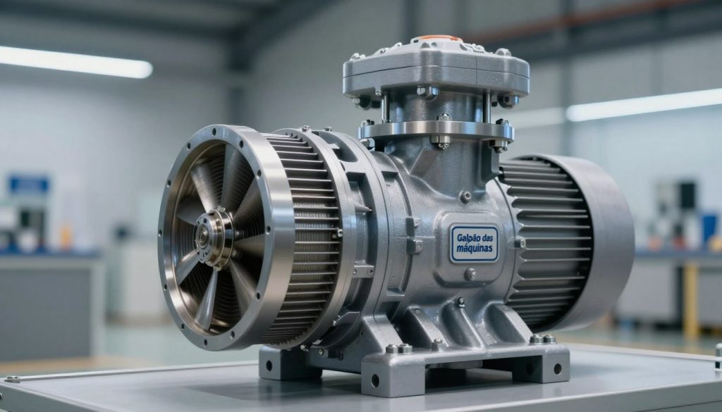A multi-stage centrifugal pump, industrial, intricately designed with visible impellers and volutes, positioned prominently in the foreground. In the middle background, a sleek, modern factory setting with soft ambient lighting that highlights the pump's metallic surfaces and detailed features. Subtle reflections on the pump’s casing suggest its robust construction. The atmosphere is professional and technical, emphasizing the pump's importance in industrial applications. Include the brand "Galpão das máquinas" subtly integrated into the design of the pump. The image should be shot from a low angle to accentuate the height and complexity of the pump, providing a clear and focused view. Ensure no human figures are present, maintaining a clean, focused depiction of the equipment.