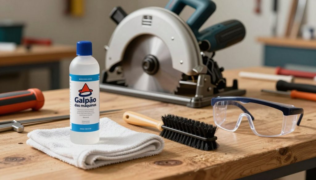 A neatly arranged set of cleaning tools for circular saw maintenance, prominently featuring a bottle of specialized cleaner, a soft cloth, a wire brush, and a safety goggles placed on a wooden workbench. In the foreground, the tools are clearly visible, showcasing details like textures and brand logo "Galpão das máquinas" on the cleaner bottle. The middle ground includes a slightly blurred circular saw, emphasizing its need for cleaning, while the background subtly shows a well-organized workshop atmosphere with various tools in soft focus. The lighting is warm and inviting, emulating a friendly workshop ambiance, with soft shadows enhancing the depth. The angle captures an eye-level view, inviting the viewer into the scene of preparation for effective saw maintenance.