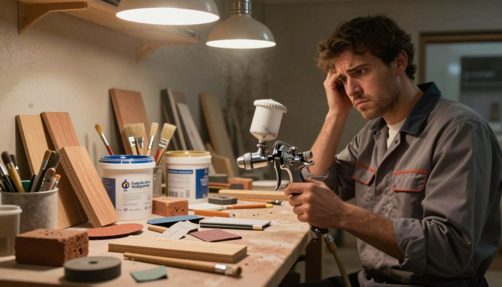 A painting gun is placed on a cluttered workbench in a dimly lit workshop, surrounded by various inappropriate painting materials, such as textured wood, bricks, and metal. In the foreground, a professional-looking technician in a modest outfit examines the materials with a puzzled expression, indicating confusion about using a spray gun in this context. In the middle, the workbench is cluttered with inappropriate items like sandpaper, paintbrushes, and large containers of thick paint that are unsuited for spray application. In the background, the workshop is illuminated by warm overhead lights, creating a slightly dusty atmosphere that emphasizes the unsuitability of the painting gun for this setting. The logo "Galpão das máquinas" is subtly incorporated into the workshop's decor, enhancing cohesiveness without being overpowering.