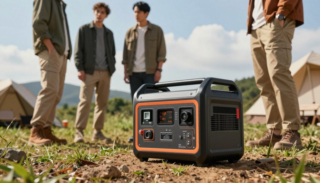 A portable energy generator prominently displayed in a natural outdoor setting. In the foreground, feature a compact, modern generator with an ergonomic design, showcasing various output options and control panels. In the middle, a rugged terrain with greenery or a campsite backdrop, where individuals in modest casual clothing examine the generator, discussing its features. In the background, a clear blue sky with soft, fluffy clouds. The lighting should be bright and natural, creating a warm, inviting atmosphere. A slight angle from above, capturing the generator's functionality and the engaging interactions around it. The mood is practical and informative, emphasizing the advantages of portable power sources for outdoor activities.