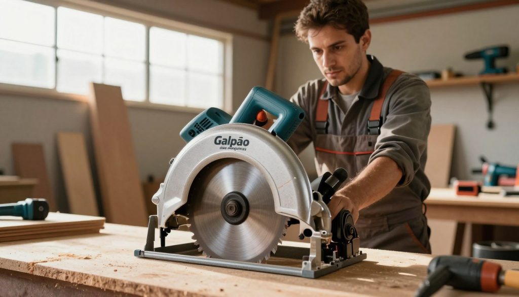 A powerful circular saw, branded "Galpão das máquinas", prominently displayed in the foreground, showcasing its robust design and sharp circular blade glinting under bright workshop lights. In the middle ground, a seasoned professional in modest work attire demonstrates the saw, focusing on its features with a look of concentration and expertise. The background is a well-organized workshop filled with power tools and wooden planks, illuminated by warm, natural light streaming through large windows, creating a productive atmosphere. The angle captures the saw at a slight tilt, emphasizing its size and power, while the overall mood conveys professionalism and efficiency in woodworking activities.