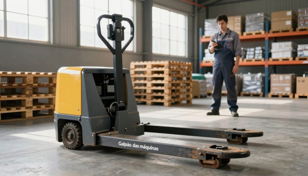 A powerful electric pallet jack, prominently displaying the brand name "Galpão das máquinas," is the central focus in a bright, industrial warehouse setting. In the foreground, the pallet jack is equipped with a robust steel frame, showcasing wear and tear from daily use. In the middle ground, several wooden pallets stacked neatly against a wall hint at the logistics environment, while a warehouse worker in professional attire inspects the device, reflecting concern for equipment durability. The background captures high shelves filled with inventory, bathed in natural light streaming through large windows, creating a productive atmosphere. Use a slightly elevated angle to emphasize the profile of the pallet jack, highlighting its features. The overall mood conveys professionalism and a commitment to maintenance and longevity of equipment in daily operations.