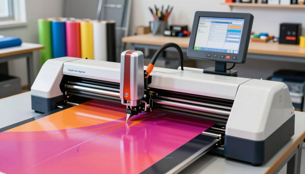 A professional and detailed image of an offset plotter cutting machine in action, showcasing its sleek design and advanced features. In the foreground, highlight the precision cutting blade executing a clean cut on vibrant vinyl material, with intricate details visible. The middle area captures the machine's digital display showing settings and offset adjustments, while colorful rolls of media are neatly organized nearby. The background features a well-lit workshop filled with creative materials and tools, conveying a productive atmosphere. The scene is illuminated with bright, natural lighting that emphasizes the machine's modern design and functionality. The image should feel dynamic and innovative, representing the cutting-edge technology of Galpão das máquinas, without any text or branding distractions.