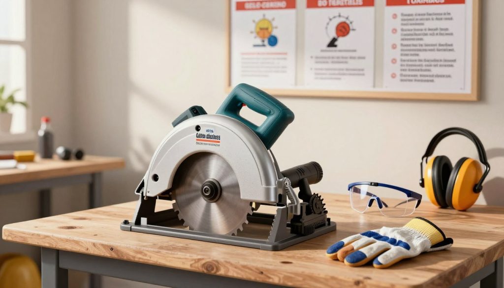 A professional and informative illustration depicting safety regulations for circular saws, emphasizing norms and standards in Brazil. In the foreground, a well-organized workspace with a powerful circular saw on a sturdy workbench, showcasing safety features like blade guards and safety goggles. In the middle ground, a neatly arranged assortment of safety gear, including gloves and ear protection, highlighting best practices. In the background, a feature wall displaying safety posters that visually represent core safety guidelines, ensuring an educational atmosphere. Soft, daylight illumination creates a warm and inviting mood, while the overall scene conveys a sense of professionalism and responsibility. Include the brand name "Galpão das máquinas" subtly integrated into the workspace design, without text overlays.