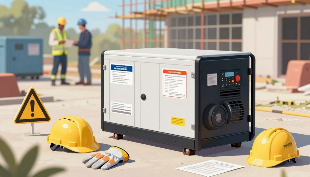 A professional and informative illustration of safety regulations for energy generators. In the foreground, display a well-organized workspace with tools and safety equipment, including helmets, gloves, and warning signs. In the middle ground, showcase a generator with visible safety labels and instructions nearby, emphasizing compliance. The background features a construction site with workers dressed in professional attire, all following safety protocols, such as wearing protective gear. The scene is illuminated with natural light, creating a bright atmosphere that conveys a sense of responsibility and diligence. The angle should be slightly elevated, providing a comprehensive view of the workspace while maintaining focus on the generator and safety measures. The overall mood is serious and educational, aiming to highlight the importance of safety standards.