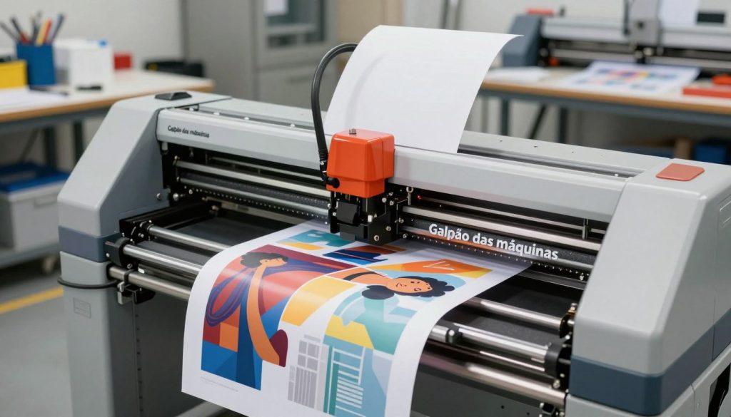 A professional and informative image depicting the operation of a plotter, featuring the "Galpão das máquinas" brand prominently in the foreground. The plotter itself is vividly illustrated, showcasing its intricate mechanisms, such as the print head, rollers, and paper feed. In the middle ground, there are colorful prints being produced on various materials, highlighting the capabilities of the machine. The background features a modern workshop environment with tools and materials related to printing and design, bathed in soft, diffused lighting that emphasizes the technical aspects of the plotter. An upward angle captures the plotter's details and creates a sense of innovation and efficiency. The overall mood is professional and educational, inviting the viewer to learn about plotter operation.