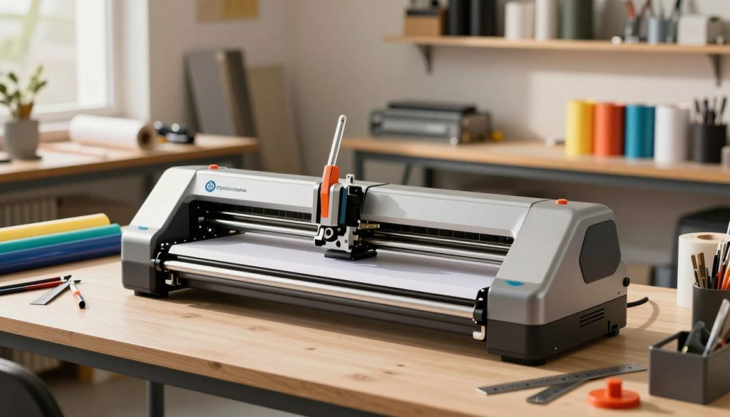 A professional and modern "plotter de corte" machine from the brand "Galpão das máquinas" is prominently displayed in the foreground, showcasing its sleek design and intricate cutting mechanisms. The machine is surrounded by colorful vinyl rolls and sheets, highlighting its functionality. In the middle ground, a well-organized workspace features tools and accessories related to cutting and design, such as rulers and craft knives. The background includes a softly lit workshop with shelves stocked with materials, emphasizing a creative environment. The lighting is bright yet warm, casting gentle shadows that enhance the machine’s details. The atmosphere is productive and innovative, conveying the essence of modern manufacturing and design. A professional and modern "plotter de corte" machine from the brand "Galpão das máquinas" is prominently displayed in the foreground, showcasing its sleek design and intricate cutting mechanisms. The machine is surrounded by colorful vinyl rolls and sheets, highlighting its functionality. In the middle ground, a well-organized workspace features tools and accessories related to cutting and design, such as rulers and craft knives. The background includes a softly lit workshop with shelves stocked with materials, emphasizing a creative environment. The lighting is bright yet warm, casting gentle shadows that enhance the machine’s details. The atmosphere is productive and innovative, conveying the essence of modern manufacturing and design.