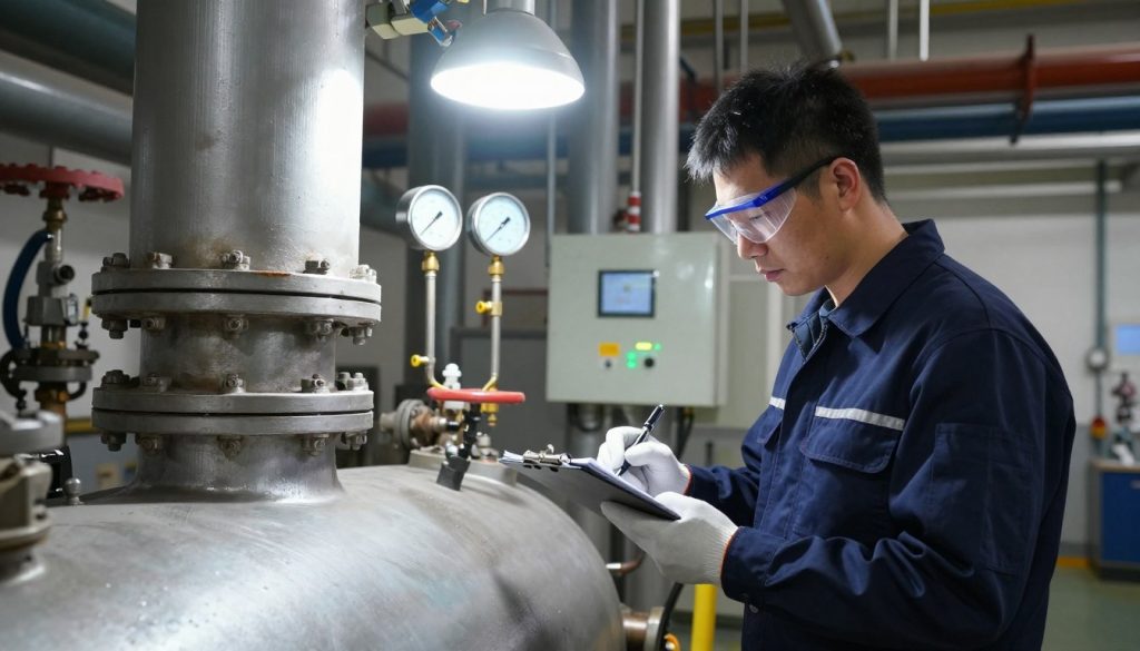 A professional boiler inspection scene in a large industrial setting. In the foreground, a skilled technician in a clean, dark blue coverall examines a large boiler with safety goggles and gloves, using a clipboard and a pen to take notes. Bright overhead lights illuminate the surroundings, emphasizing the detail of the machinery. In the middle ground, various gauges and control panels are visible, indicating the operational status of the boiler. The background features pipes and valves, showcasing a complex network of the industrial environment. The atmosphere is focused and serious, reflecting the importance of safety and compliance in boiler inspections. Capture this scene from a slightly elevated angle, giving depth to the environment while maintaining a professional tone. A professional boiler inspection scene in a large industrial setting. In the foreground, a skilled technician in a clean, dark blue coverall examines a large boiler with safety goggles and gloves, using a clipboard and a pen to take notes. Bright overhead lights illuminate the surroundings, emphasizing the detail of the machinery. In the middle ground, various gauges and control panels are visible, indicating the operational status of the boiler. The background features pipes and valves, showcasing a complex network of the industrial environment. The atmosphere is focused and serious, reflecting the importance of safety and compliance in boiler inspections. Capture this scene from a slightly elevated angle, giving depth to the environment while maintaining a professional tone.