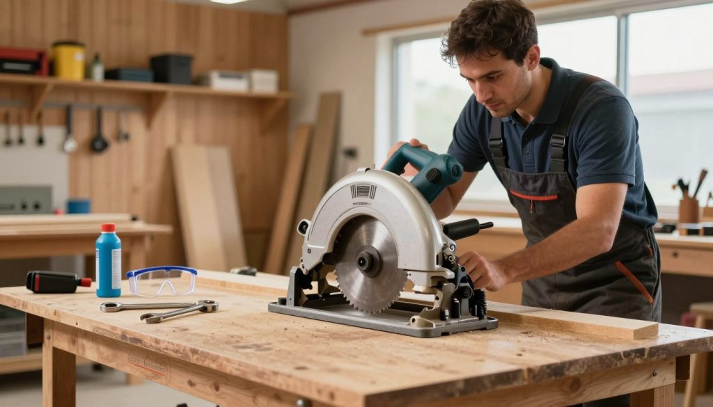 A professional carpenter is performing maintenance on a circular saw, showcasing a meticulous approach to preventive care. The foreground features the saw's sharp blade and intricate components, positioned prominently on a sturdy workbench. In the middle ground, tools such as wrenches, lubricants, and safety goggles are neatly arranged, emphasizing a tidy workspace. The background reveals a well-lit workshop with wooden panels, shelving filled with equipment, and a large window allowing natural light to illuminate the scene. The atmosphere conveys a sense of focus and dedication, capturing the importance of equipment maintenance in woodworking. The branding "Galpão das máquinas" is subtly included on the workbench. The lighting is warm and inviting, enhancing the craftsmanship and professionalism of the environment, with a slight depth of field effect to draw attention to the maintenance task at hand.