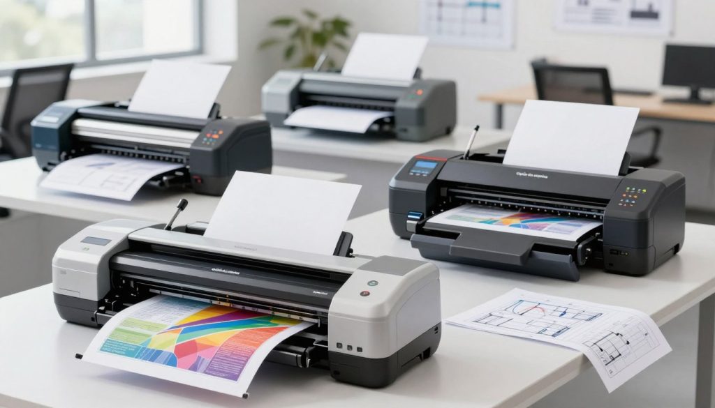 A professional display of various types of plotters, showcasing different models used in commercial applications. In the foreground, a state-of-the-art inkjet plotter with vibrant colored prints, and a sleek thermal plotter, both labeled with "Galpão das máquinas". In the middle ground, a wide-format printer and a CAD plotter, emphasizing diverse functionalities. The background features a modern office environment with natural lighting, highlighting a clean workspace filled with architectural designs and technical drawings. Capture the mood of innovation and professionalism, using a soft focus and a slightly elevated angle to create depth. The overall atmosphere should convey efficiency and technological advancement in professional printing solutions. A professional display of various types of plotters, showcasing different models used in commercial applications. In the foreground, a state-of-the-art inkjet plotter with vibrant colored prints, and a sleek thermal plotter, both labeled with "Galpão das máquinas". In the middle ground, a wide-format printer and a CAD plotter, emphasizing diverse functionalities. The background features a modern office environment with natural lighting, highlighting a clean workspace filled with architectural designs and technical drawings. Capture the mood of innovation and professionalism, using a soft focus and a slightly elevated angle to create depth. The overall atmosphere should convey efficiency and technological advancement in professional printing solutions.