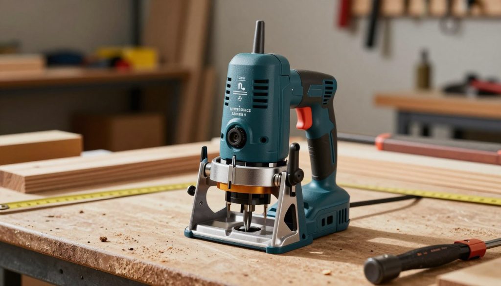 A professional electric router, styled in a modern design, positioned prominently in the foreground. The tool should showcase its adjustable speed settings, durable base, and sharp router bits. In the middle ground, a workbench is visible, cluttered with wooden pieces and measurements, indicating an active woodworking project. The background features a softly blurred workshop environment, with shelves housing various woodworking tools. The lighting is bright and focused, casting gentle shadows that enhance the router’s features, creating a dynamic feel. The atmosphere should convey a sense of precision and craftsmanship, emphasizing the electric router as an essential tool in woodworking.