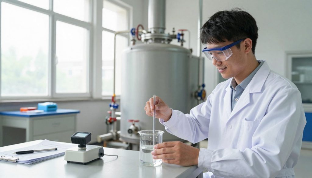A professional engineer in a modern industrial setting, wearing a white lab coat and safety goggles, testing water samples by a boiler system. In the foreground, a clear glass beaker filled with water, with equipment like pH and turbidity meters nearby. The middle ground features a large, well-maintained boiler surrounded by pipes and valves, indicating regular maintenance practices. In the background, a well-organized workbench with tools and technical manuals related to water quality management. Bright, natural lighting floods the scene through large windows, creating a clean and optimistic atmosphere that emphasizes precision and safety in water quality maintenance. Use a realistic lens effect to highlight the details of the engineering work.
