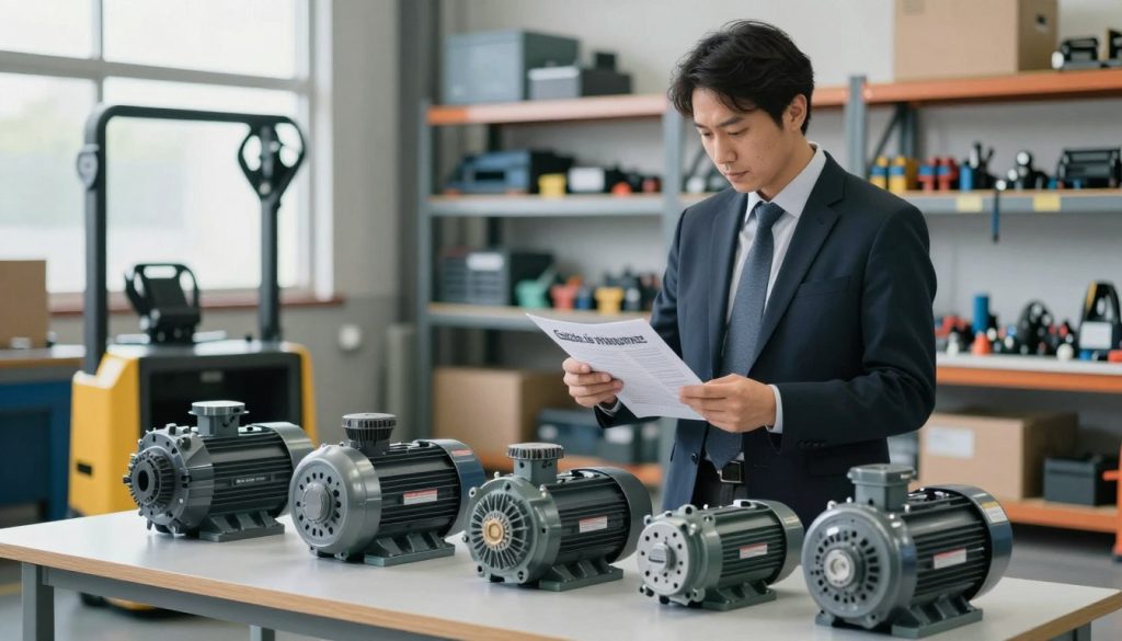 A professional engineer in business attire is examining various electric motors for electric pallet jacks in a well-lit, modern workshop setting. In the foreground, there’s a selection of electric motors displayed on a clean table, showcasing different sizes and specifications. The middle ground features the engineer holding a technical datasheet, intently reviewing the motor options available from "Galpão das máquinas". The background shows shelves filled with tools and equipment related to electric pallet jacks, creating an industrial atmosphere. Soft, natural lighting filters through large windows, highlighting the focus on the motor selection process. The overall mood is one of professionalism and diligence, emphasizing the importance of choosing the right motor for effective operation. A professional engineer in business attire is examining various electric motors for electric pallet jacks in a well-lit, modern workshop setting. In the foreground, there’s a selection of electric motors displayed on a clean table, showcasing different sizes and specifications. The middle ground features the engineer holding a technical datasheet, intently reviewing the motor options available from "Galpão das máquinas". The background shows shelves filled with tools and equipment related to electric pallet jacks, creating an industrial atmosphere. Soft, natural lighting filters through large windows, highlighting the focus on the motor selection process. The overall mood is one of professionalism and diligence, emphasizing the importance of choosing the right motor for effective operation.