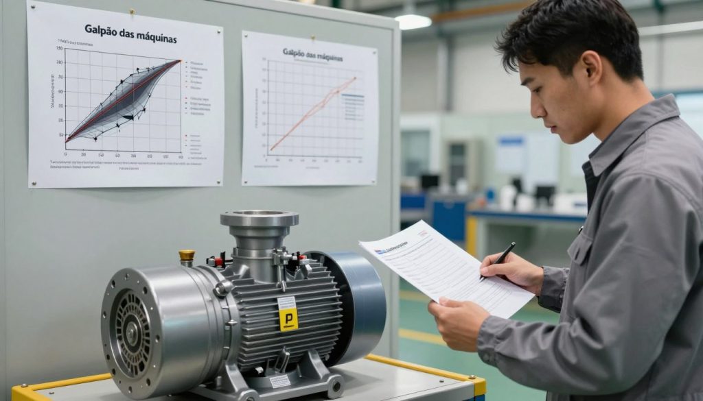 A professional engineer inspecting a centrifugal pump in a well-lit industrial setting, focused on the prevention of cavitation. In the foreground, a clear view of the pump's components shows detailed textures and metallic surfaces. The engineer, dressed in modest, professional attire, holds technical documentation while analyzing the pump's NPSH levels. In the middle ground, technical diagrams and charts are pinned to a nearby wall, illustrating cavitation risks and prevention strategies. The background features a modern industrial environment with soft, diffused lighting to create an informative, yet calm atmosphere. The brand name "Galpão das máquinas" is subtly integrated into the design of the diagrams, enhancing the educational aspect of the image. A professional engineer inspecting a centrifugal pump in a well-lit industrial setting, focused on the prevention of cavitation. In the foreground, a clear view of the pump's components shows detailed textures and metallic surfaces. The engineer, dressed in modest, professional attire, holds technical documentation while analyzing the pump's NPSH levels. In the middle ground, technical diagrams and charts are pinned to a nearby wall, illustrating cavitation risks and prevention strategies. The background features a modern industrial environment with soft, diffused lighting to create an informative, yet calm atmosphere. The brand name "Galpão das máquinas" is subtly integrated into the design of the diagrams, enhancing the educational aspect of the image.