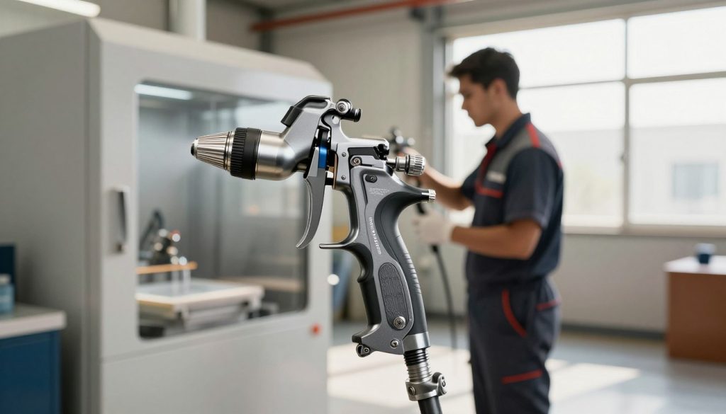 A professional-grade painting gun placed prominently in the foreground, showcasing its sleek design and ergonomic features. In the middle ground, a technician in professional attire skillfully operating the painting gun, concentrating on a large industrial machine, demonstrating its precise application. The background features a well-organized industrial environment, highlighting the efficiency of using a painting gun, with clean lines and soft colors. Warm, natural light streams in from a nearby window, illuminating the scene and creating a focused, productive atmosphere. The branding "Galpão das máquinas" is subtly incorporated into the design of the painting gun, linking its effectiveness to economic and environmental benefits in professional use. The overall mood conveys innovation, professionalism, and responsibility towards sustainable practices in industry.