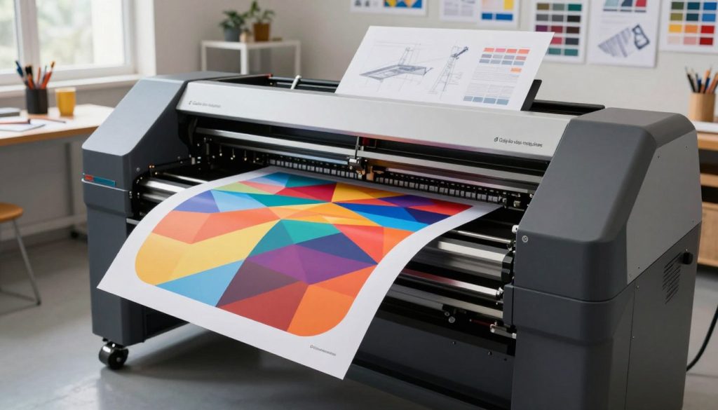A professional-grade plotter de impressão in action, prominently featured in the foreground, showcasing its sleek design and intricate printing mechanisms. In the middle, large sheets of vibrant, high-resolution printed graphics are emerging from the plotter, illustrating its high-quality output. The background reveals a modern workspace with art supplies, color palettes, and technical sketches, conveying a creative atmosphere. The lighting is bright and focused, enhancing the colors of the printed materials while casting gentle shadows that add depth. A wide-angle perspective captures the full operation of the plotter, illustrating its scale and potential applications in graphic design and printing. The brand logo "Galpão das máquinas" subtly integrated into the workspace ambiance, underscoring the machine's professional utility. The overall mood is industrious and innovative, reflecting a state-of-the-art printing environment.