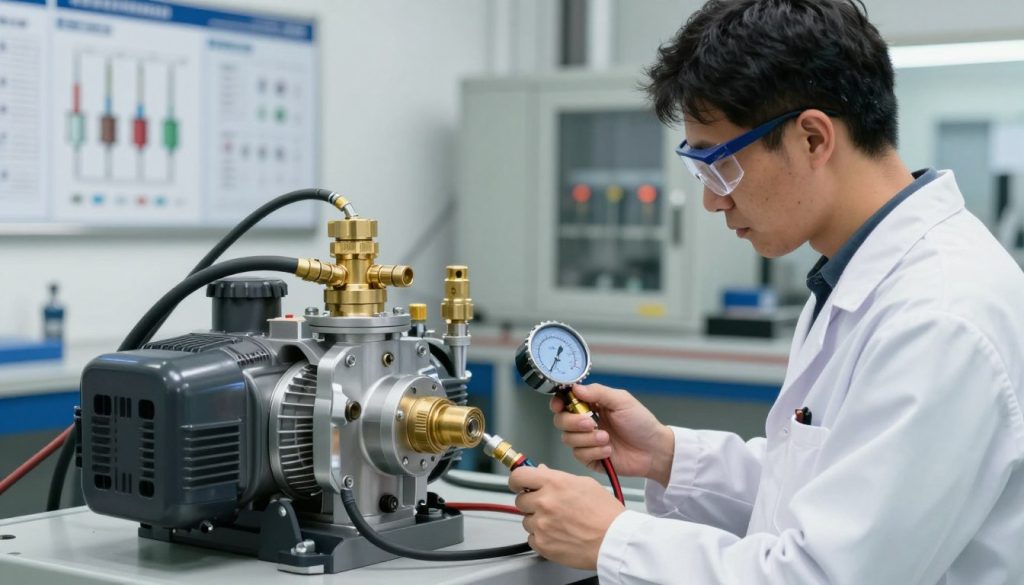 A professional hydraulic engineer in safety goggles and a lab coat is examining a sophisticated hydraulic pump in a modern workshop. In the foreground, the engineer is holding a digital pressure gauge, intently focused on its readings. The pump, prominently displayed in the middle, features brass fittings and high-pressure rubber hoses, with pressure lines clearly labeled. The background showcases an array of hydraulic equipment and pressure charts pinned to a bulletin board, hinting at the limits and operational guidelines for hydraulic systems. The lighting is bright and clinical, enhancing the technical atmosphere, with soft shadows creating a sense of depth. The overall mood is one of professionalism and precision, reflecting the importance of pressure controls in hydraulic systems.