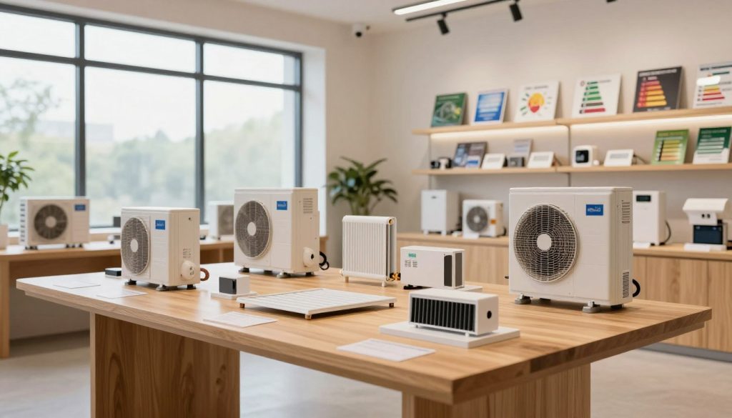 A professional indoor setting showcasing various heating system options on display. In the foreground, highlight an elegant wooden table with miniature models of different heating systems, such as a heat pump, a radiant floor system, and a biomass boiler, arranged aesthetically. The middle section features a modern, well-lit room with a large window allowing soft, natural light to illuminate the space, creating a warm, inviting atmosphere. In the background, shelves lined with energy efficiency charts and brochures about heating systems. The scene should exude a sense of practicality and innovation, focusing on modern heating solutions. Use a wide-angle lens to capture the entire setup, with balanced lighting to avoid harsh shadows, ensuring a professional and educational ambiance. A professional indoor setting showcasing various heating system options on display. In the foreground, highlight an elegant wooden table with miniature models of different heating systems, such as a heat pump, a radiant floor system, and a biomass boiler, arranged aesthetically. The middle section features a modern, well-lit room with a large window allowing soft, natural light to illuminate the space, creating a warm, inviting atmosphere. In the background, shelves lined with energy efficiency charts and brochures about heating systems. The scene should exude a sense of practicality and innovation, focusing on modern heating solutions. Use a wide-angle lens to capture the entire setup, with balanced lighting to avoid harsh shadows, ensuring a professional and educational ambiance.