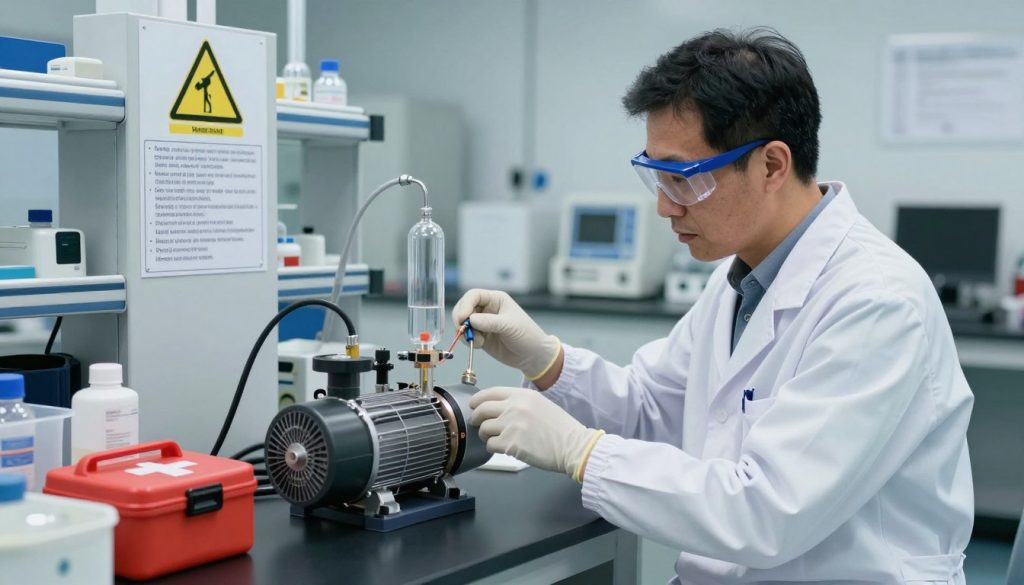A professional laboratory setting focusing on a vacuum pump safety demonstration. In the foreground, a cautiously attentive technician, dressed in a lab coat and safety goggles, inspects a vacuum pump connected to a glass apparatus, ensuring its proper functioning. The technician is surrounded by various safety equipment, such as gloves and a first-aid kit. The middle ground features clearly labeled safety signs and warnings about vacuum pump precautions. In the background, softly lit workbenches filled with scientific instruments contribute to a sterile and organized environment, highlighting a sense of seriousness and professionalism. The lighting is bright yet soft, casting gentle shadows that enhance the focus on the pump and its immediate surroundings, conveying an atmosphere of safety and diligence in handling equipment.