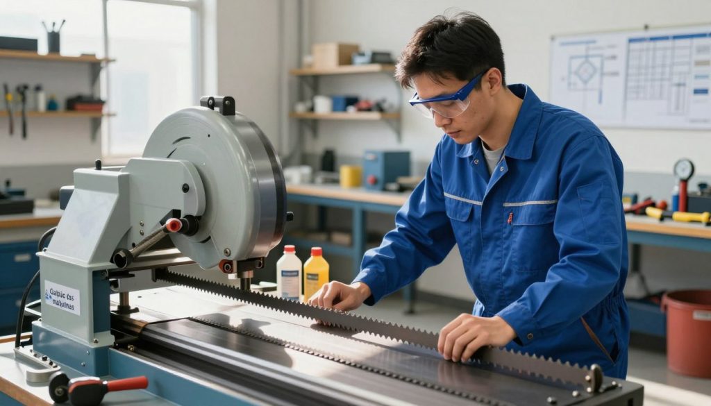 A professional-looking maintenance technician wearing a blue work uniform and safety goggles is inspecting a large, industrial band saw labeled "Galpão das máquinas." The technician is examining the blade in the foreground, revealing its sharp teeth and tension mechanism. In the middle ground, various hand tools and maintenance equipment are neatly arranged, including lubricants and gauges. The background features a well-lit workshop environment with organized shelves, workbenches, and blueprints pinned to the walls, creating an atmosphere of efficiency and care. The lighting is bright and focused, possibly emulating natural daylight streaming from large windows, casting soft shadows that enhance the details of the workspace. The mood should convey professionalism, diligence, and a commitment to maximizing cutting capacity through proper maintenance.