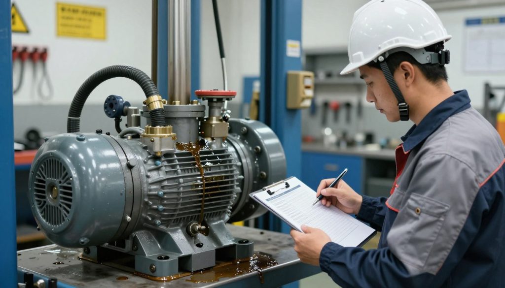 A professional maintenance technician in a safety helmet and work clothes inspects a large hydraulic pump in a well-lit industrial setting. In the foreground, the technician examines a maintenance checklist on a clipboard, highlighting detailed inspection points on the hydraulic system. In the middle ground, the hydraulic pump is prominently displayed, showcasing its various components, such as hoses and valves, with oil drips shimmering in the light. The background features a clean, organized workshop with tools on the wall and safety signage. The lighting is bright and focused on the technician and the pump, creating a mood of diligence and professionalism, emphasizing the importance of preventive maintenance and safety practices in hydraulic systems.