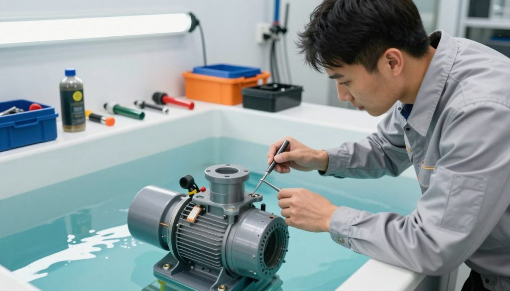 A professional male technician, dressed in a clean and modest work uniform, is inspecting a submerged pump in a clear, well-lit water tank. The foreground features the technician carefully examining the pump with tools in hand, highlighting the intricate mechanics of the device. In the middle ground, various maintenance tools and equipment are organized neatly on a workbench, emphasizing the importance of preventive maintenance. In the background, bright overhead lights illuminate the area, creating a clean and efficient ambiance. The overall mood is professional and focused, conveying the diligence required in maintaining underwater pumps. The image is shot at a slightly elevated angle to capture both the technician's actions and the operational setup, with crisp detail and bright colors enhancing the visual appeal.