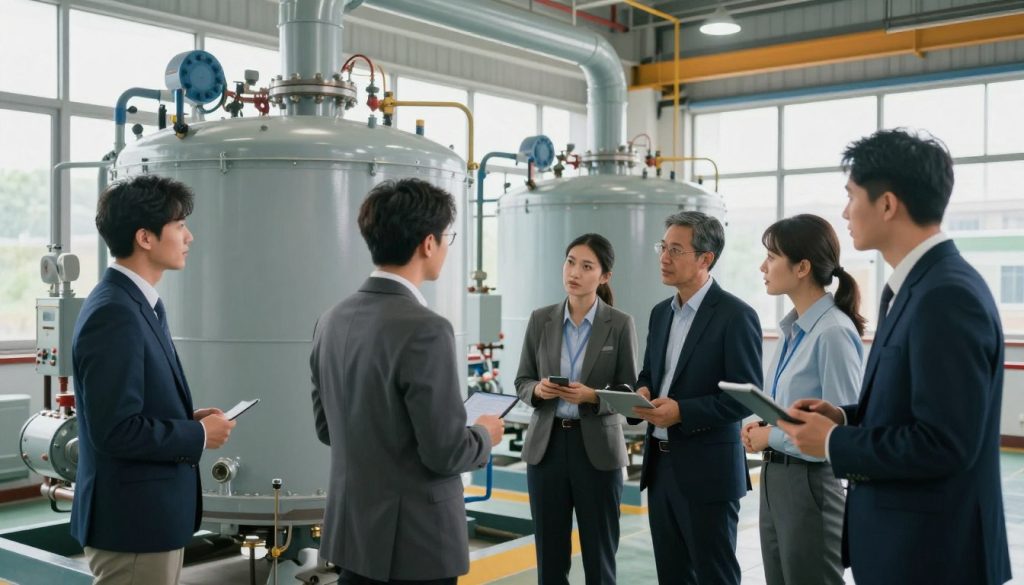 A professional operational setting featuring a commercial boiler in a well-lit industrial environment. In the foreground, a diverse group of people in professional business attire discusses equipment performance, with one individual analyzing data on a digital tablet. The middle ground includes the boiler itself, showcasing intricate piping and controls, demonstrating an efficient design. In the background, large windows let in natural light, highlighting clean energy practices. The atmosphere is focused and collaborative, with a sense of urgency and dedication to optimizing energy consumption. Soft shadows enhance depth, and a wide-angle lens adds dynamic perspective, capturing both the human element and complex machinery harmoniously. The overall mood is one of professionalism and innovation, emphasizing the importance of operational practices on energy efficiency. A professional operational setting featuring a commercial boiler in a well-lit industrial environment. In the foreground, a diverse group of people in professional business attire discusses equipment performance, with one individual analyzing data on a digital tablet. The middle ground includes the boiler itself, showcasing intricate piping and controls, demonstrating an efficient design. In the background, large windows let in natural light, highlighting clean energy practices. The atmosphere is focused and collaborative, with a sense of urgency and dedication to optimizing energy consumption. Soft shadows enhance depth, and a wide-angle lens adds dynamic perspective, capturing both the human element and complex machinery harmoniously. The overall mood is one of professionalism and innovation, emphasizing the importance of operational practices on energy efficiency.