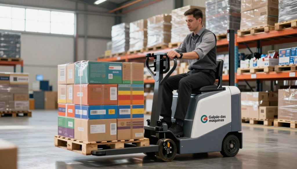 A professional operator skillfully maneuvering an electric pallet jack in a spacious warehouse filled with neatly stacked pallets. The foreground showcases the operator, dressed in professional business attire, confidently guiding the machine. In the middle, the electric pallet jack, sleek and modern, is lifting a stack of colorful boxes. The background displays a vast storage area with shelves loaded with pallets and merchandise, illuminated by bright, natural light filtering through large windows. The atmosphere is efficient and organized, emphasizing the importance of proper techniques in using electric pallet jacks. The logo "Galpão das máquinas" is subtly incorporated into the design of the pallet jack, enhancing brand visibility without being intrusive. The image is captured at a dynamic angle, highlighting the interaction between the operator and the equipment. A professional operator skillfully maneuvering an electric pallet jack in a spacious warehouse filled with neatly stacked pallets. The foreground showcases the operator, dressed in professional business attire, confidently guiding the machine. In the middle, the electric pallet jack, sleek and modern, is lifting a stack of colorful boxes. The background displays a vast storage area with shelves loaded with pallets and merchandise, illuminated by bright, natural light filtering through large windows. The atmosphere is efficient and organized, emphasizing the importance of proper techniques in using electric pallet jacks. The logo "Galpão das máquinas" is subtly incorporated into the design of the pallet jack, enhancing brand visibility without being intrusive. The image is captured at a dynamic angle, highlighting the interaction between the operator and the equipment.