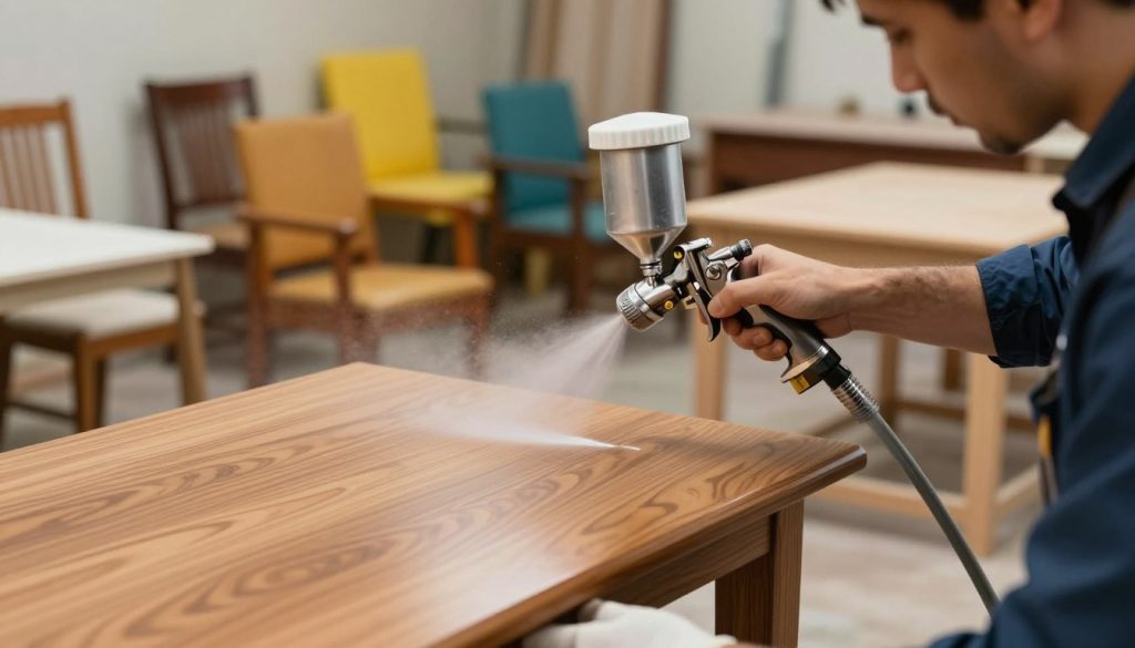 A professional painter in a workshop, wearing protective gear and using a high-quality paint spray gun, carefully applying a smooth finish to a polished wooden furniture piece. The focus is on the painter's technique and the fine mist of paint in the air, capturing the intricate details of the wood grain. In the background, various furniture items, like chairs and tables, are arranged, showcasing a vibrant color palette reflecting the industry’s creative essence. Soft, diffused lighting enhances the warm tones of the wood and paint, creating an inviting atmosphere. The angle is slightly elevated, emphasizing the workflow and precision involved in achieving high-quality finishes in the furniture industry.