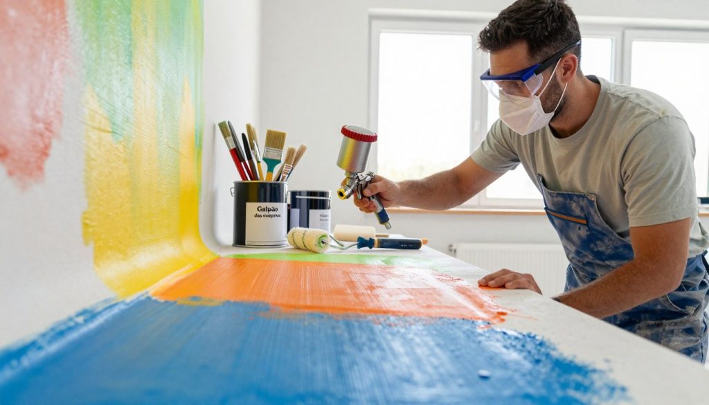 A professional painter in safety gear, wearing a mask and goggles, is skillfully using a spray gun to apply paint on a vibrant, fresh wall. The foreground features vivid colors splattering artistically on the surface, showcasing the technique of gradual layering. In the middle ground, paint supplies from "Galpão das máquinas," such as cans, brushes, and a paint roller, are neatly arranged, emphasizing a well-organized workspace. The background depicts a clean, well-ventilated workshop with natural light streaming in through large windows, creating a bright and focused atmosphere. The lens captures the scene from a slightly elevated angle, providing a clear view of both the painter and the painting process, conveying a sense of professionalism and precision.