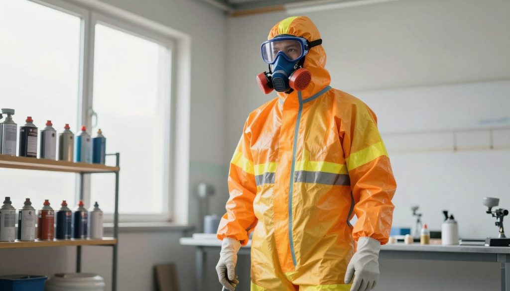 A professional painter wearing a full-body protective suit, complete with gloves, goggles, and a respirator, stands confidently in a brightly lit workshop. The suit is vividly colored in bright orange and yellow to ensure visibility, with reflective strips for added safety. In the background, various spray painting equipment and cans are neatly organized on shelves. A large window allows natural light to flood the space, creating a warm, inviting atmosphere. The angle captures the painter from slightly below eye level, emphasizing the importance of safety in work environments. The overall mood conveys professionalism and dedication to safety standards in the field of spray painting protection.