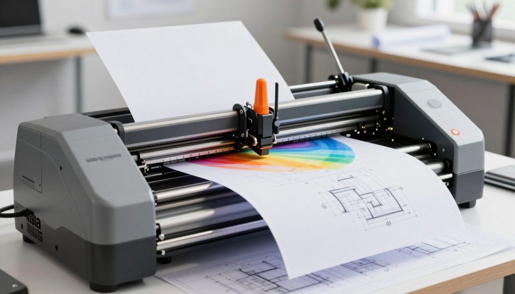 A professional plotter in action, showcasing its intricate inner workings and functionality. In the foreground, a detailed view of the plotter's print head and rollers, capturing the precision of the technology. In the middle ground, a roll of high-quality paper being fed into the machine, highlighting the printing process with vibrant colors emerging from the plotter. The background features a well-organized design studio environment, with blueprints and architectural plans on a table, conveying an atmosphere of creativity and professionalism. Soft, natural lighting illuminates the scene, enhancing the clarity of details. The image should convey the innovative and essential nature of plotters in professional applications. Include the brand name "Galpão das máquinas" visible on the plotter. A professional plotter in action, showcasing its intricate inner workings and functionality. In the foreground, a detailed view of the plotter's print head and rollers, capturing the precision of the technology. In the middle ground, a roll of high-quality paper being fed into the machine, highlighting the printing process with vibrant colors emerging from the plotter. The background features a well-organized design studio environment, with blueprints and architectural plans on a table, conveying an atmosphere of creativity and professionalism. Soft, natural lighting illuminates the scene, enhancing the clarity of details. The image should convey the innovative and essential nature of plotters in professional applications. Include the brand name "Galpão das máquinas" visible on the plotter.