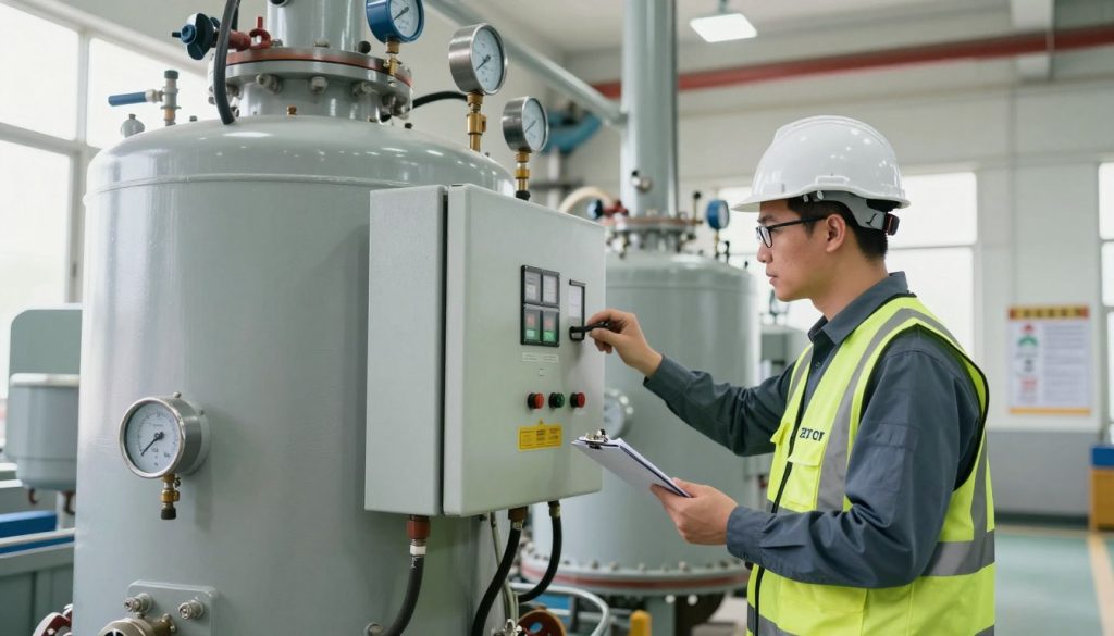 A professional safety engineer in a hard hat inspecting a large industrial boiler in a bright, well-lit facility. The foreground features the engineer, wearing a safety vest and glasses, carefully examining the control panel of the boiler, documenting important safety readings on a clipboard. In the middle ground, the boiler is imposing and intricately detailed, showcasing various gauges, valves, and safety equipment, reflecting modern safety standards. The background reveals a clean and organized workshop with safety posters visible on the walls, emphasizing a culture of safety. The overall atmosphere conveys diligence and professionalism, with natural light streaming through large windows, highlighting the engineer's focused expression. The camera angle is slightly low, emphasizing both the engineer's active role and the scale of the boiler.